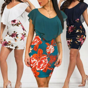 2019 Fashion Women's Blue Floral Sexy Skinny Ruffles Formal Bodycon Slim Business Party Evening Club Wear Short Pencil Dress - My Active Store 