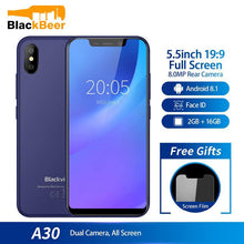 Load image into Gallery viewer, Blackview A30 Smartphone 5.5inch 19:9 MTK6580A Quad Core Cell phone 2GB 16GB Android 8.1 Dual SIM 3G Face ID Mobile Phone 2500mA - My Active Store 