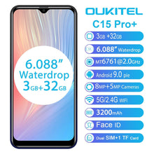 Load image into Gallery viewer, OUKITEL C15 Pro+ 6.088'' 19:9 Android 9.0 Cellphones 3GB 32GB MT6761 Waterdrop 4G Smartphone Fingerprint Face ID 5G WiFi Phone - My Active Store 