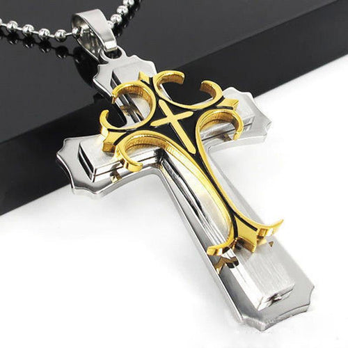 HNSP Fashion Gold Silver Cross Necklace Pendant For Men Male Stainless Steel Jewelry - My Active Store 