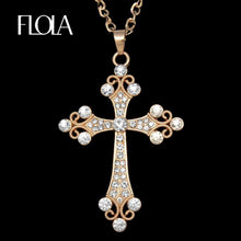 Load image into Gallery viewer, FLOLA Hip Hop Catholic Big Cross Pendant Necklace Gold Chain Rhinestone Long Necklace Pendants for Women Jewelry gifts nkeh77 - My Active Store 