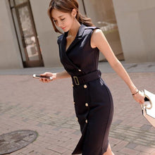 Load image into Gallery viewer, 2018 Women Summer Office Lady Belted  Vestidos Sleeveless Work Wear Slim Double Button Sexy korean fashion style Dress clothes - My Active Store 