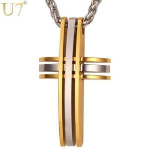 U7 Big Cross Pendants Necklaces For Men Chain Gift Christian Jewelry Gold Blue Stainless Steel Two Tone Gold Color Trendy P546 - My Active Store 