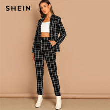 Load image into Gallery viewer, SHEIN Black Stretchy Grid Print Shawl Collar Plaid Long Sleeve Blazer Pants Set Women Autumn Workwear Morden Lady Twopiece - My Active Store 
