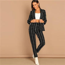 Load image into Gallery viewer, SHEIN Black Stretchy Grid Print Shawl Collar Plaid Long Sleeve Blazer Pants Set Women Autumn Workwear Morden Lady Twopiece - My Active Store 