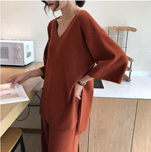 Load image into Gallery viewer, Knitting Female Sweater Pantsuit For Women Two Piece Set Knitted Pullover V-neck Long Sleeve Bandage Top Wide Leg Pants  Suit - My Active Store 
