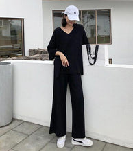 Load image into Gallery viewer, Knitting Female Sweater Pantsuit For Women Two Piece Set Knitted Pullover V-neck Long Sleeve Bandage Top Wide Leg Pants  Suit - My Active Store 