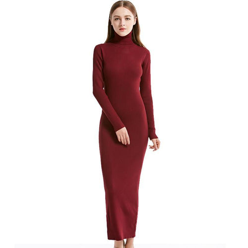 2019 New Fashion Women Sexy Party Dress Knit style Long Sleeve Turtleneck Winter Maxi Dress Slim Work Wear Office Dress Vestidos - My Active Store 