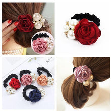 Load image into Gallery viewer, Fashion Women Rose Elastic Hair Bands Big Flower Rhinestones Imitation Pearls Flower Hair Rope Charms Rubber Hair Accessories - My Active Store 